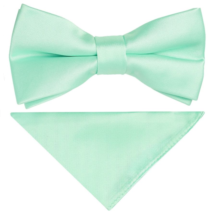 Pre Tied Mint Green Satin Boys Bow Tie and Pocket Square Set