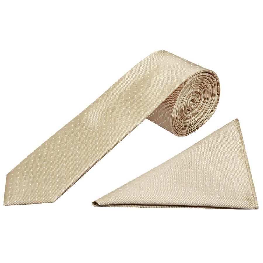 Champagne and White Polka Dot Skinny Men's Tie Pocket Square Set