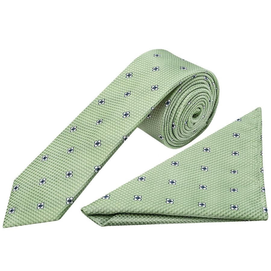 Green Petal Skinny Men's Tie and Pocket Square Set