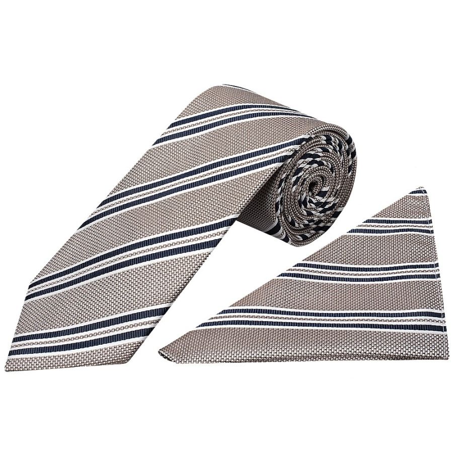 Silver Twin Stripe Classic Men's Tie and Pocket Square Set