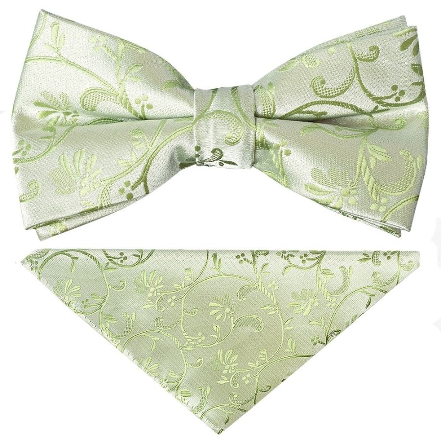 Pre Tied Sage Green Floral Boys Bow Tie and Pocket Square Set Age 4-7