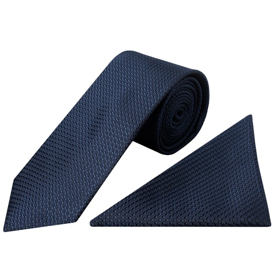 French Navy Textured Classic Tie and Pocket Square Set