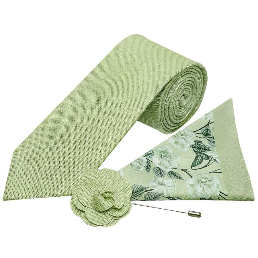 Classic Sage Green Mens Tie with Pocket Square and Lapel Pin Set