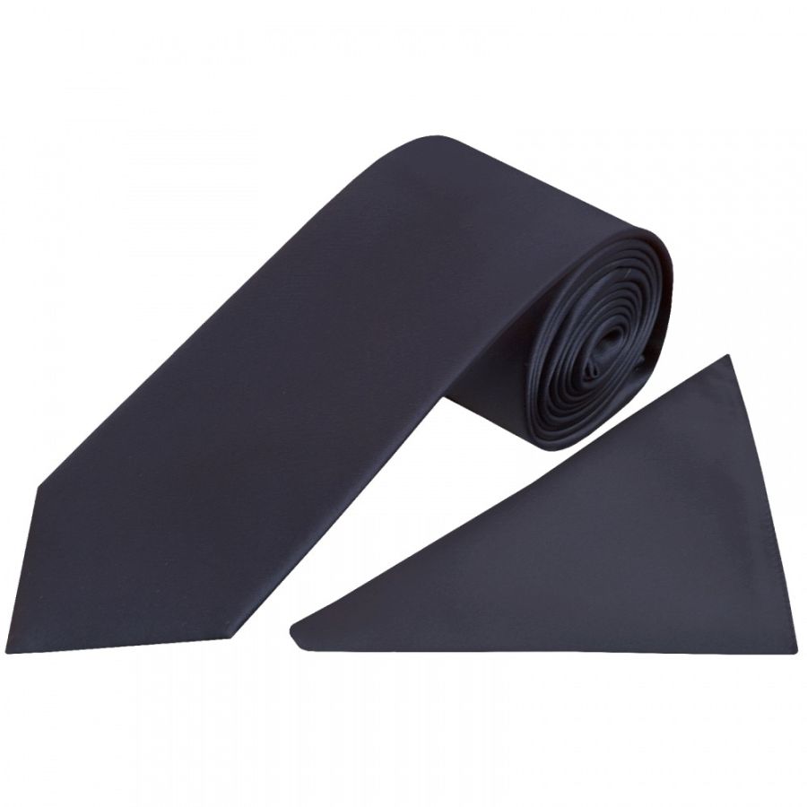 Plain Navy Blue Satin Classic Men's Tie and Pocket Square Set