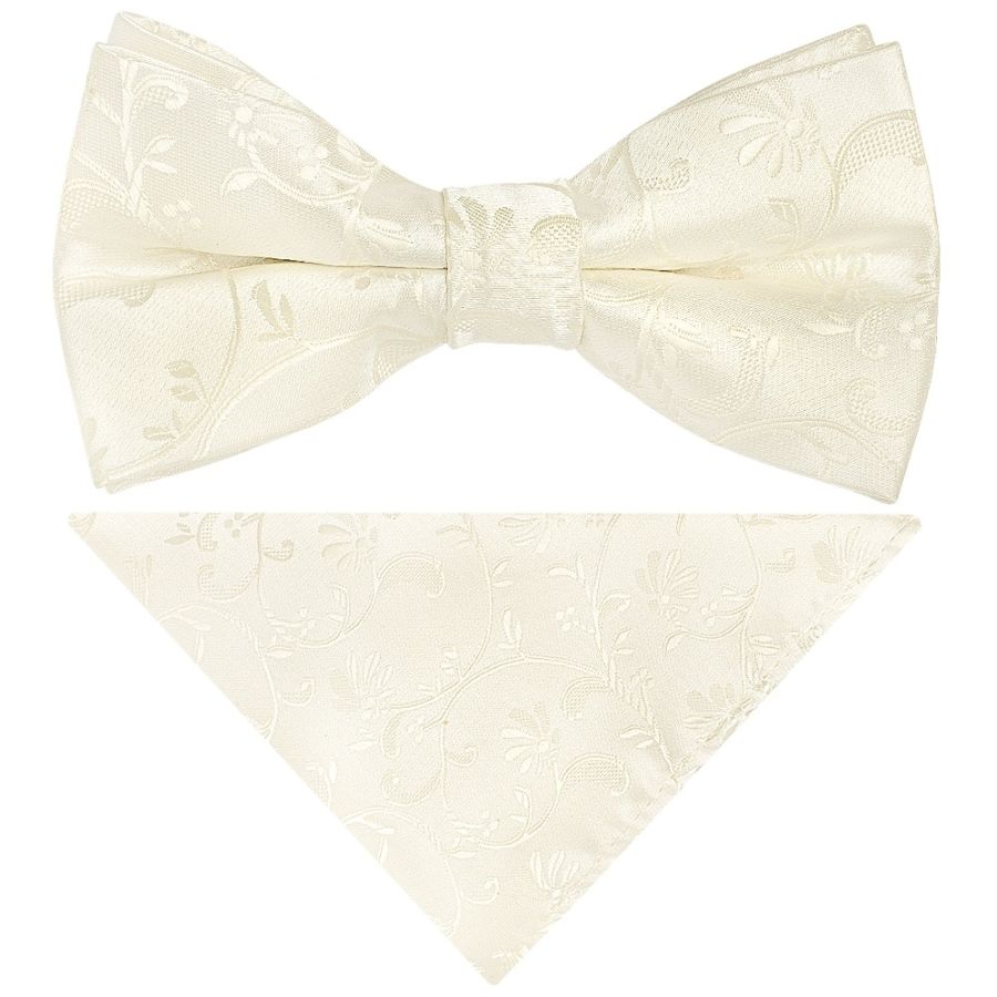 Pre Tied Ivory Floral Boys Bow Tie and Pocket Square Set