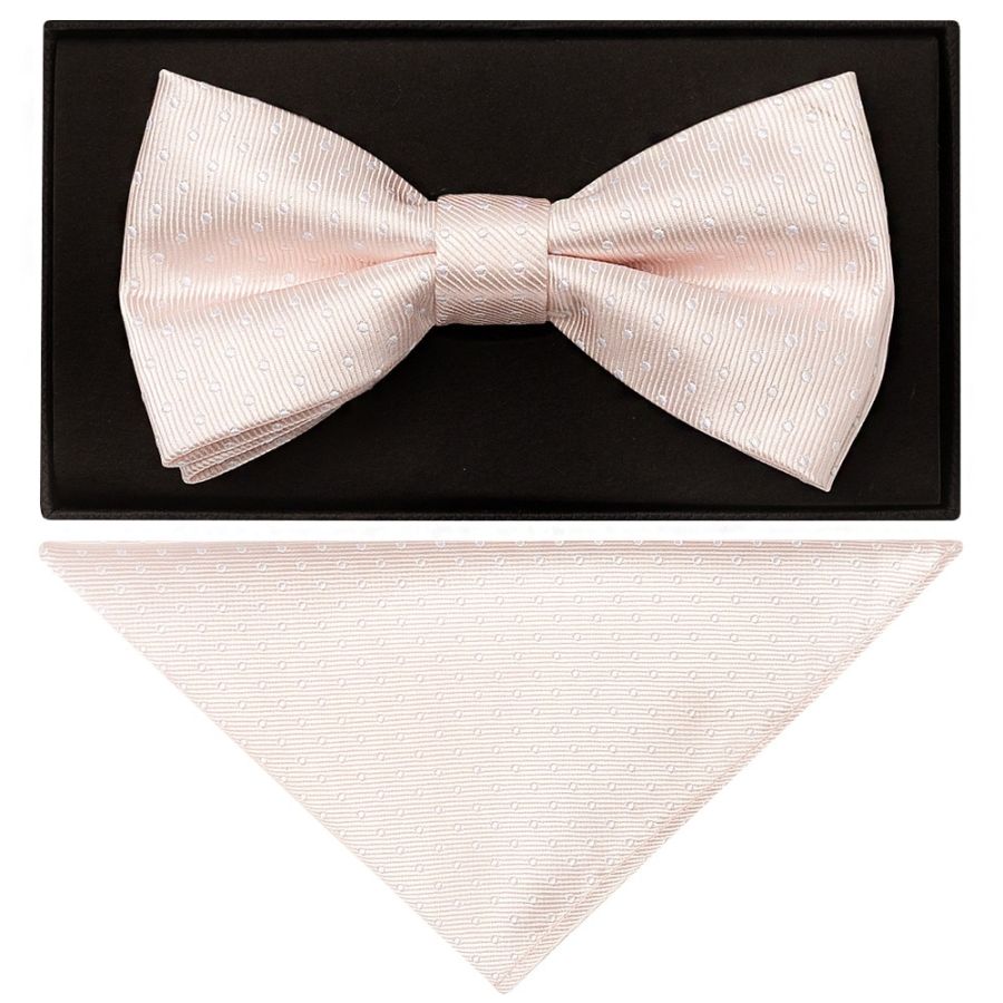 Blush Polka Dot Mens Bow Tie and Pocket Square Set