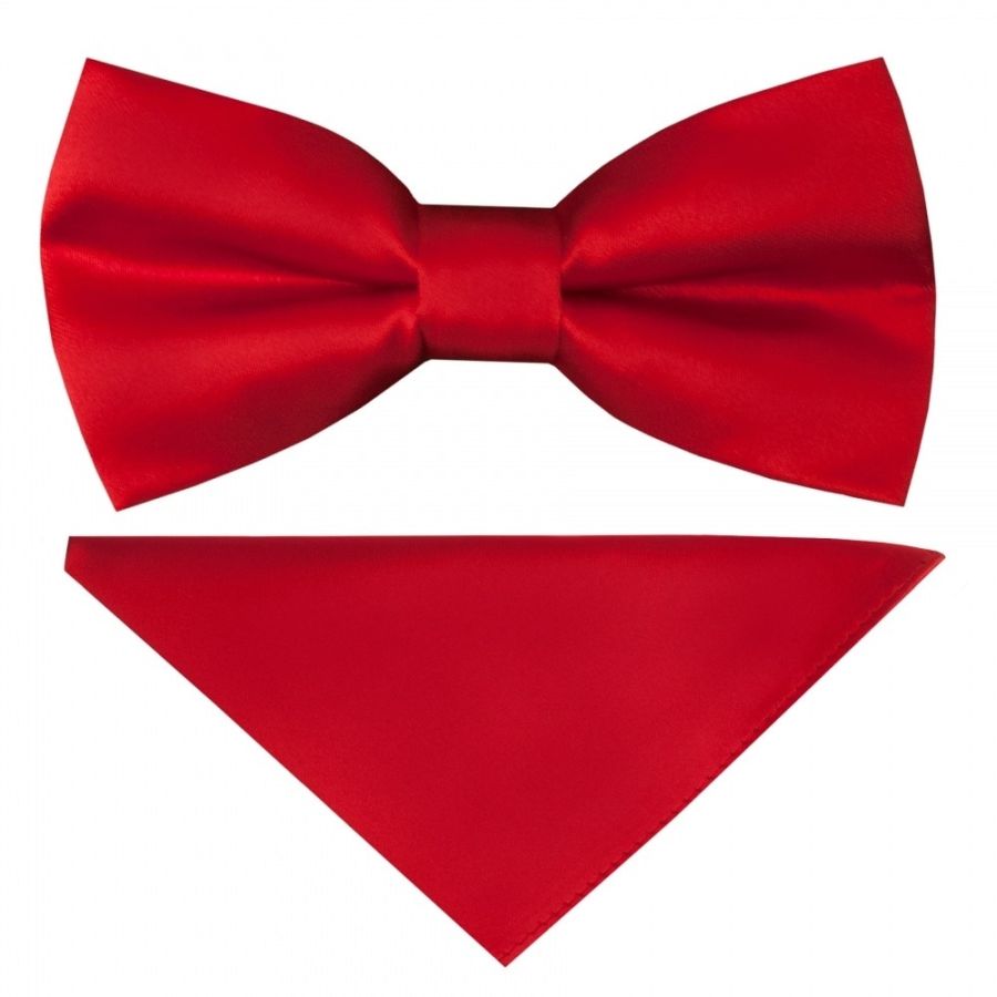 Pre Tied Scarlet Red Satin Boys Bow Tie and Pocket Square Set Age 4-7