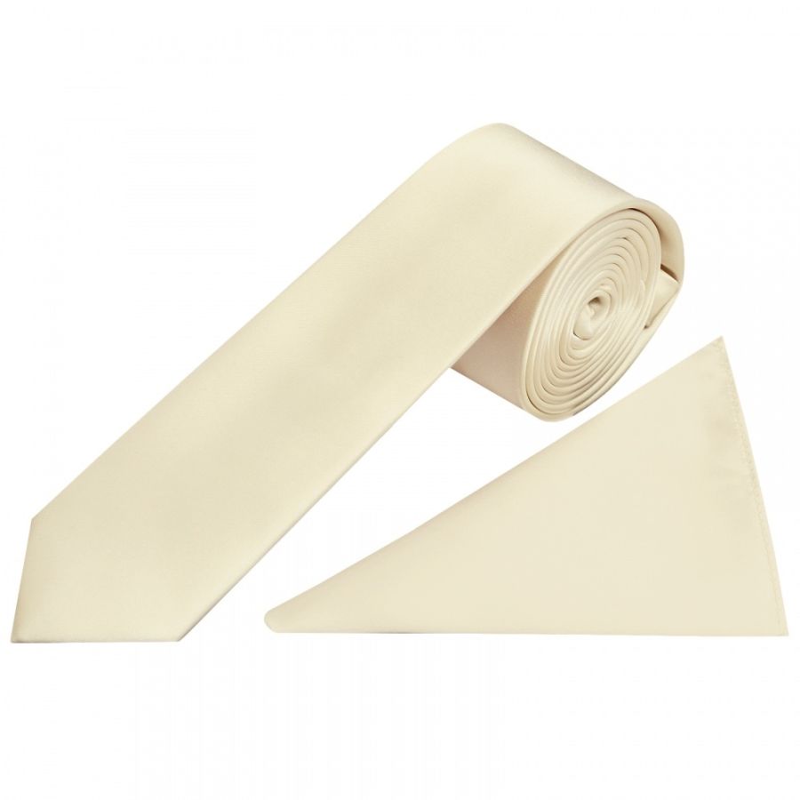 Plain Ivory Satin Skinny Men's Tie and Pocket Square Set