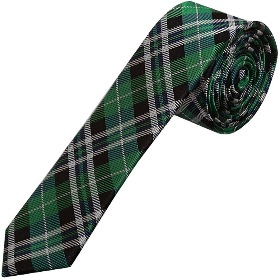 Green and White Tartan Silk Skinny Boys Tie