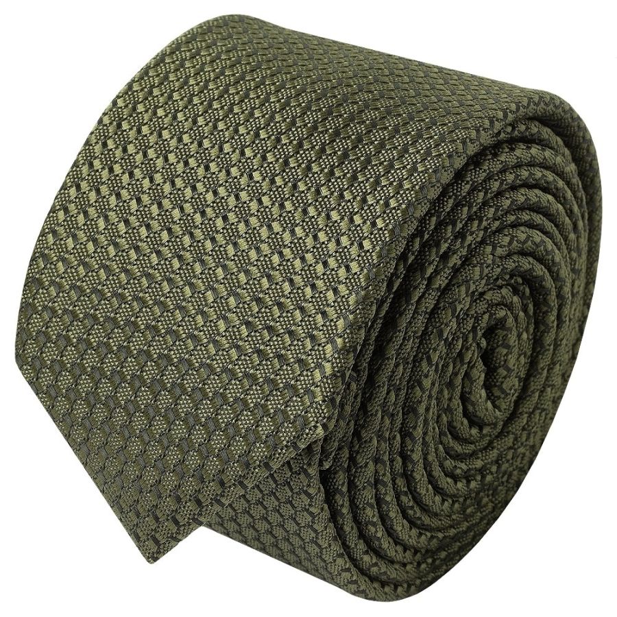 Olive Green Textured Skinny Tie and Pocket Square Set
