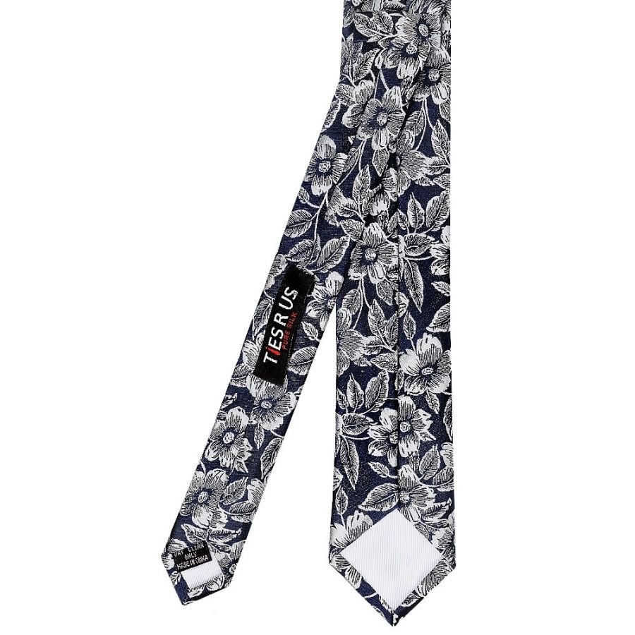 Mens Navy Floral Silk Skinny Tie and Pocket Square
