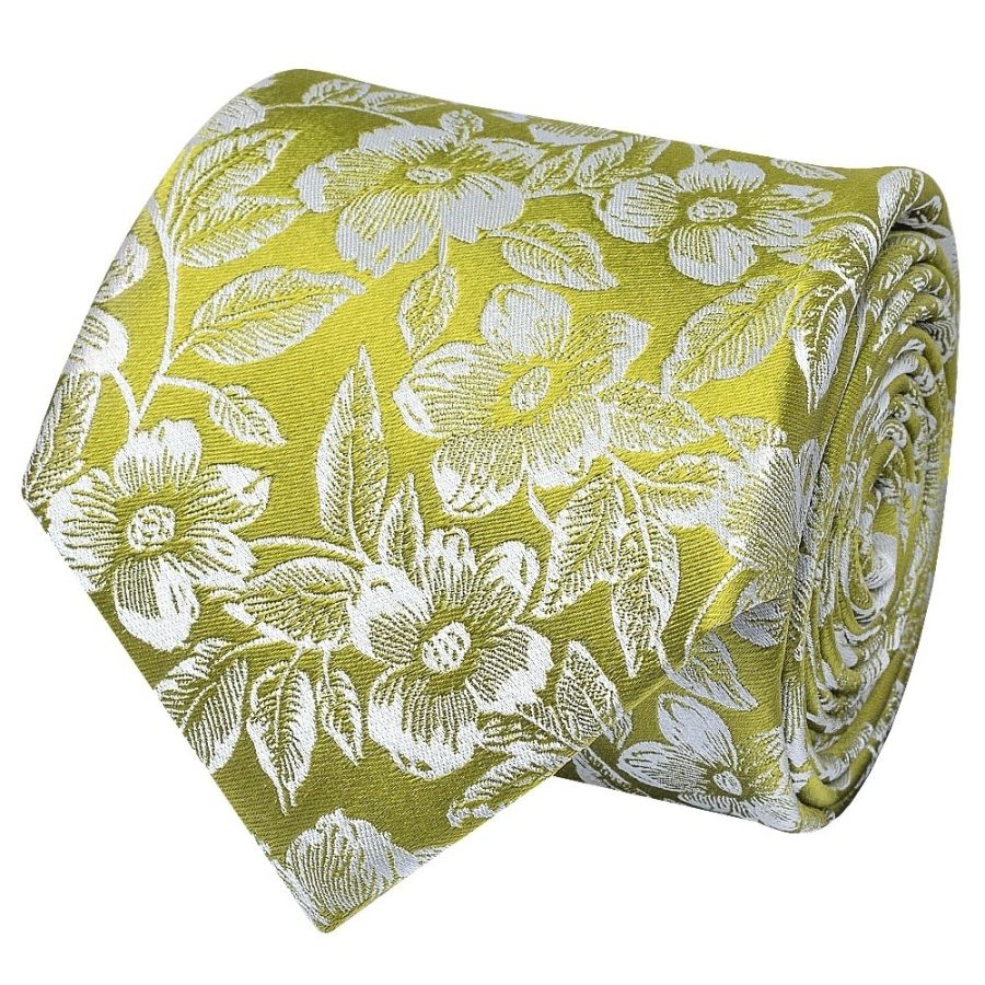 Mens Green Floral Silk Classic Tie and Pocket Square