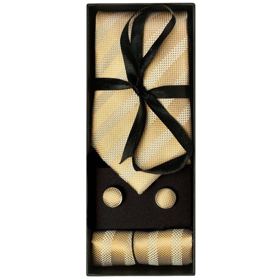 Mens Gold Textured Stripe Silk Classic Tie Pocket Square and Cufflinks Box Set