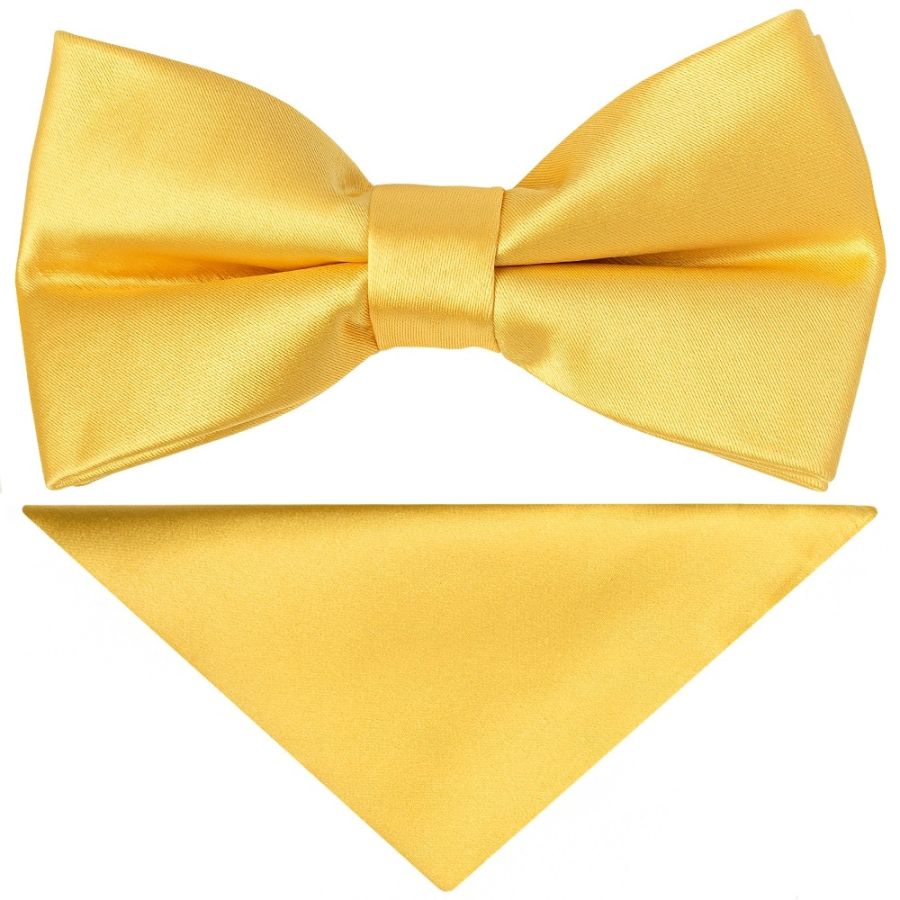 Pre Tied Yellow Gold Satin Boys Bow Tie and Pocket Square Set