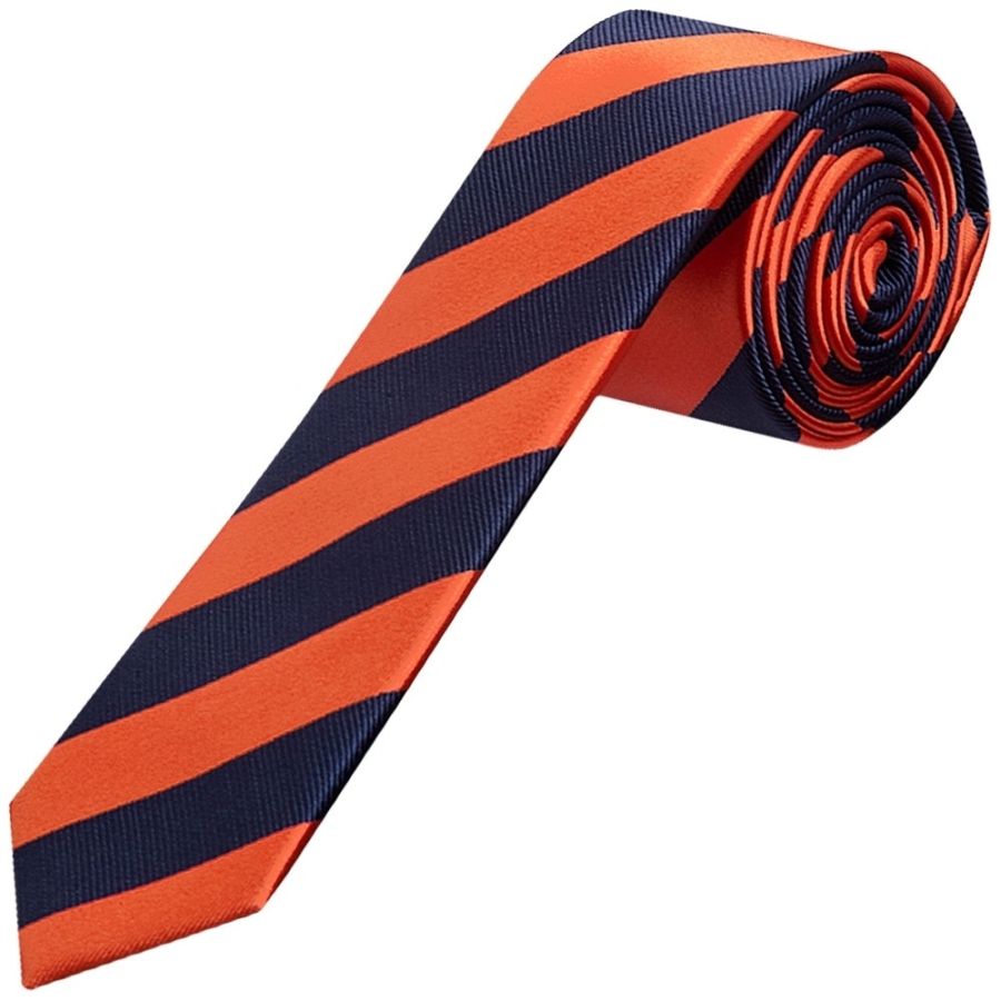 Navy and Orange Striped Skinny Men's Tie and Pocket Square Set