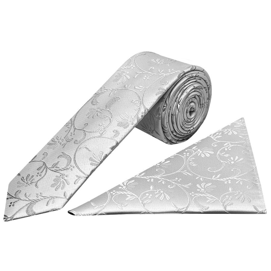 Silver Floral Skinny Boys Tie and Pocket Square Set