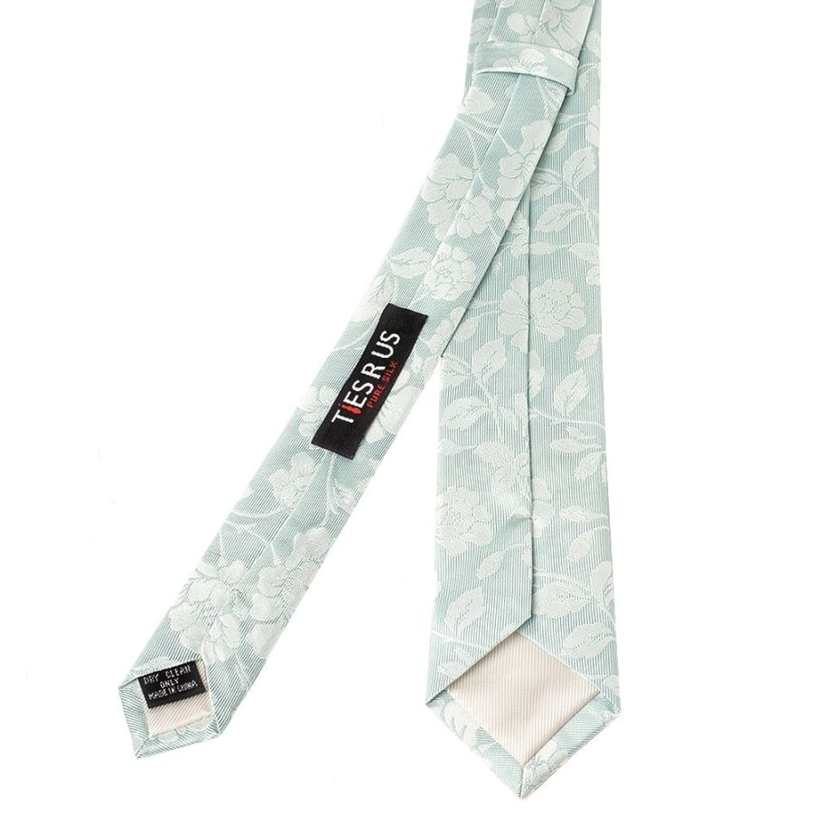 Duck Egg with White Floral Silk Skinny Tie and Pocket Square Set