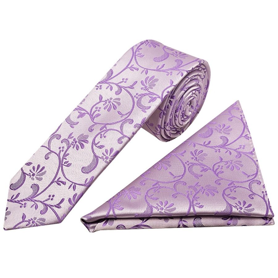 Cadbury Purple Floral Skinny Boys Tie and Pocket Square Set