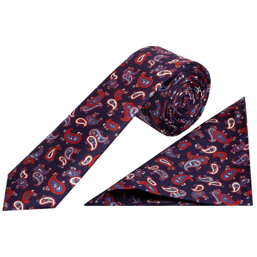 Navy with Red Mini Paisley Skinny Men's Tie and Pocket Square Set