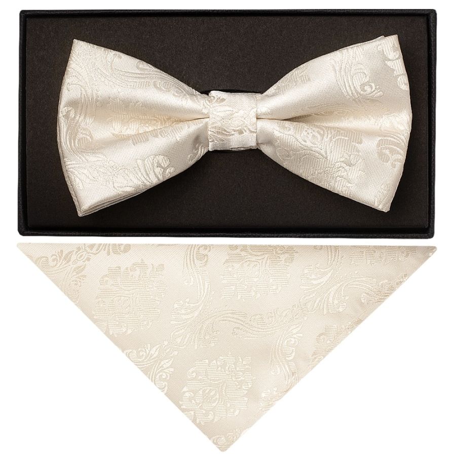 Ivory Paisley Handmade Mens Bow Tie and Pocket Square Set
