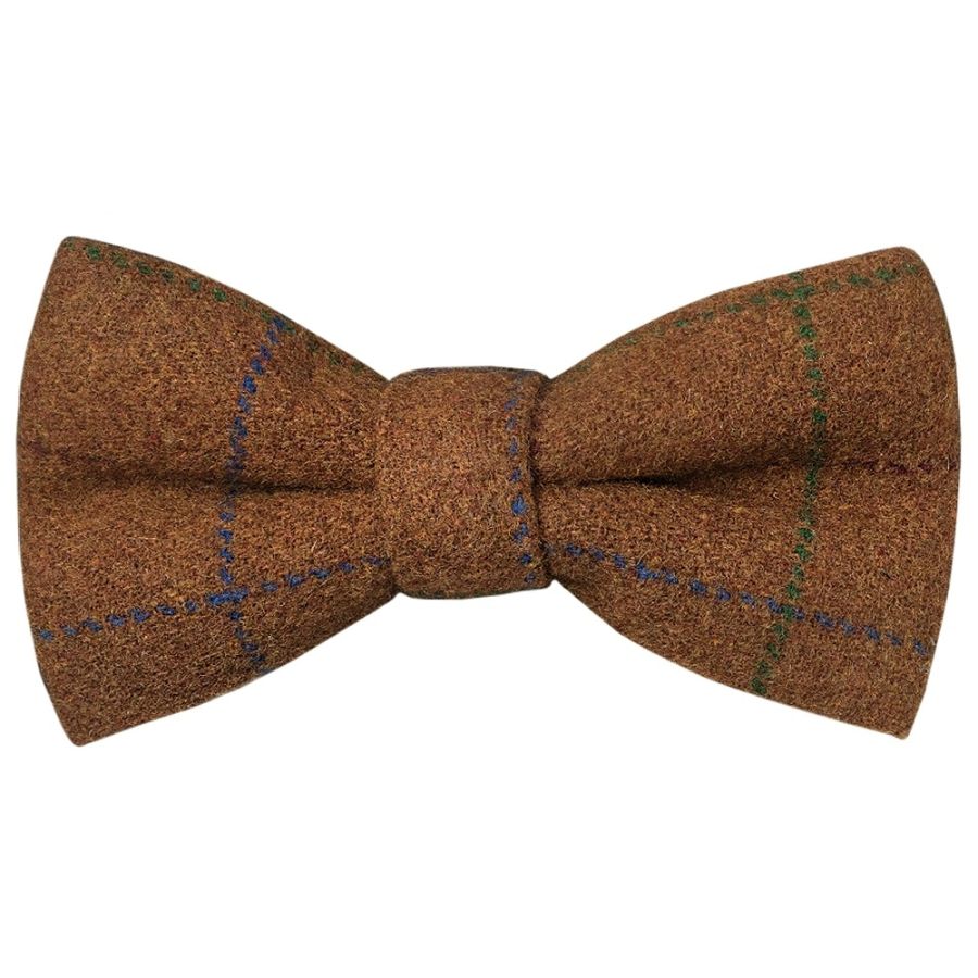 Pre Tied Light Brown Large Check Tweed Boys Bow Tie Age 8-11
