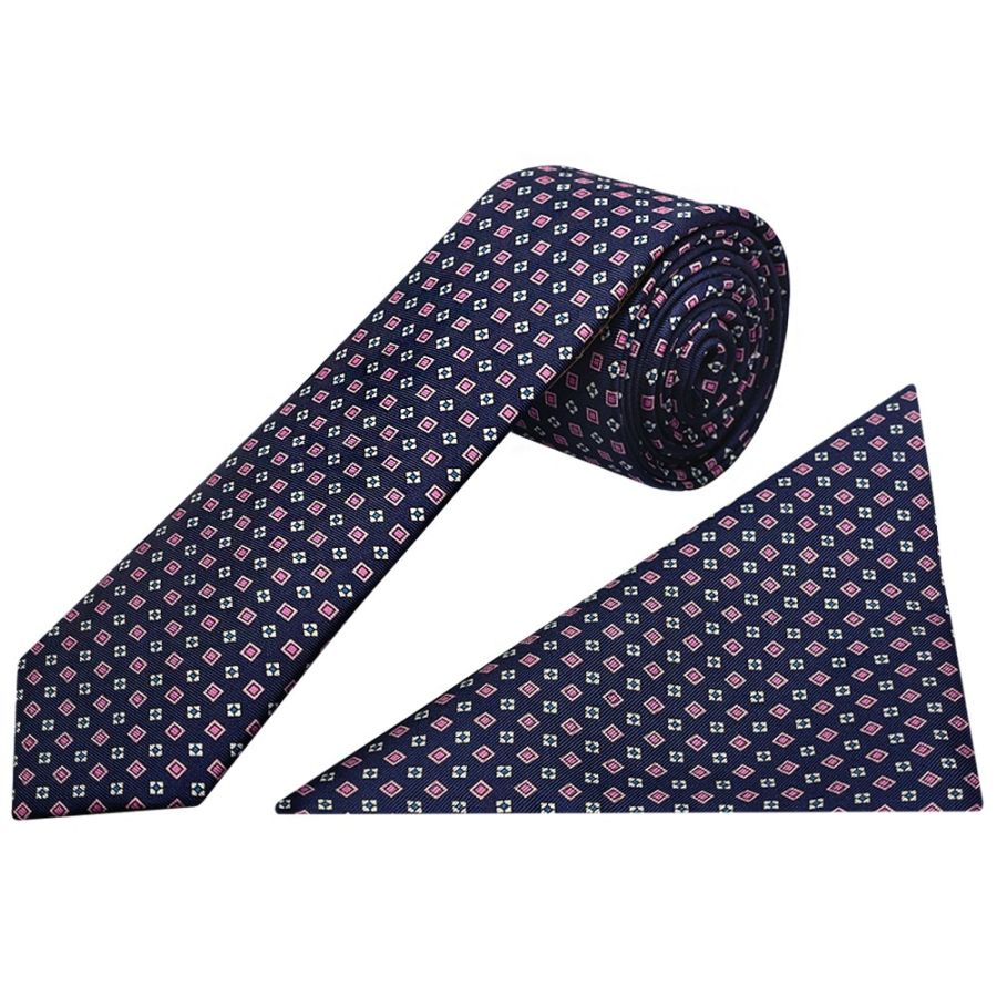 Navy with Pink Geo Silk Skinny Men's Tie and Pocket Square Set