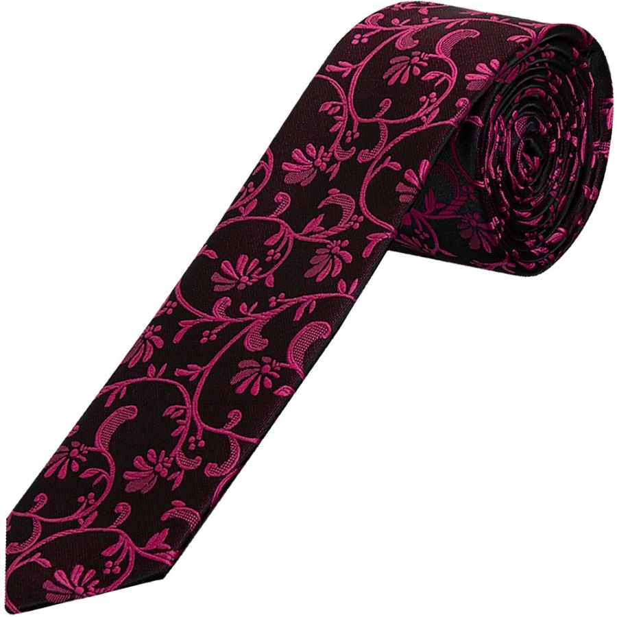 Black with Fuchsia Floral Skinny Boys Tie
