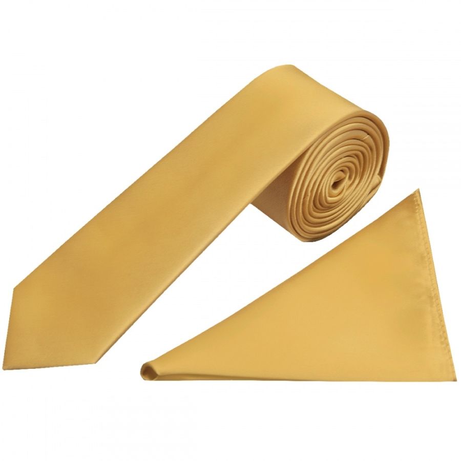 Plain Caramel Satin Skinny Boys Tie and Pocket Square Set