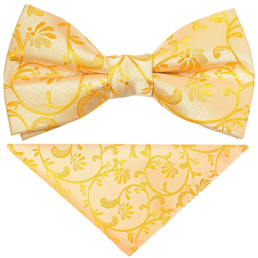 Pre Tied Bright Yellow Floral Boys Bow Tie and Pocket Square Set