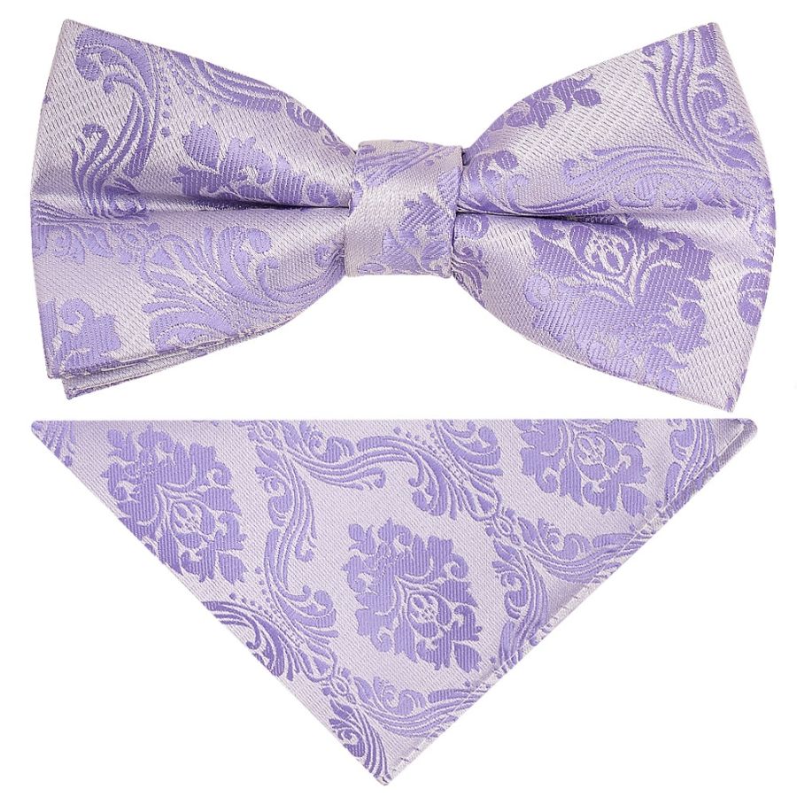 Pre Tied Lilac Paisley Boys Bow Tie and Pocket Square Set