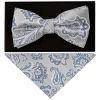 Silver and Blue Paisley Handmade Mens Bow Tie and Pocket Square Set