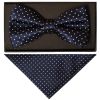 Navy Blue And White Polka Dot Mens Bow Tie and Pocket Square Set