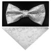 Silver Floral Handmade Mens Bow Tie and Pocket Square Set
