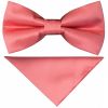 Pre Tied Light Coral Pink Satin Boys Bow Tie and Pocket Square Set
