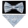 Blue and Silver Paisley Handmade Mens Bow Tie and Pocket Square Set
