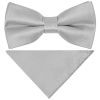Pre Tied Silver Satin Boys Bow Tie and Pocket Square Set