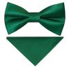 Pre Tied Forest Green Satin Boys Bow Tie and Pocket Square Set