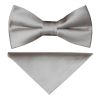 Pre Tied Silver Satin Boys Bow Tie and Pocket Square Set