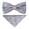 Pre Tied Silver and Blue Paisley Boys Bow Tie and Pocket Square Set