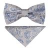 Pre Tied Silver and Blue Paisley Boys Bow Tie and Pocket Square Set Age 4-7
