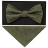 Olive Green Textured Mens Bow Tie and Pocket Square Set