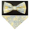 Yellow and Blue Paisley Handmade Mens Bow Tie and Pocket Square Set