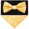 Bright Yellow Floral Handmade Mens Bow Tie and Pocket Square Set