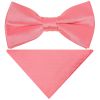 Pre Tied Light Coral Pink Satin Boys Bow Tie and Pocket Square Set