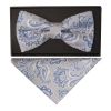Silver and Blue Paisley Handmade Mens Bow Tie and Pocket Square Set